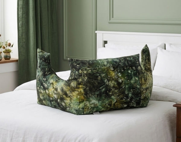 mastectomy pillow to help protect chest area, in a fun green print with bear paws.